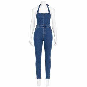 Topshop Women's Overalls Blue Denim Slim Fit Jumpsuit - Size 2